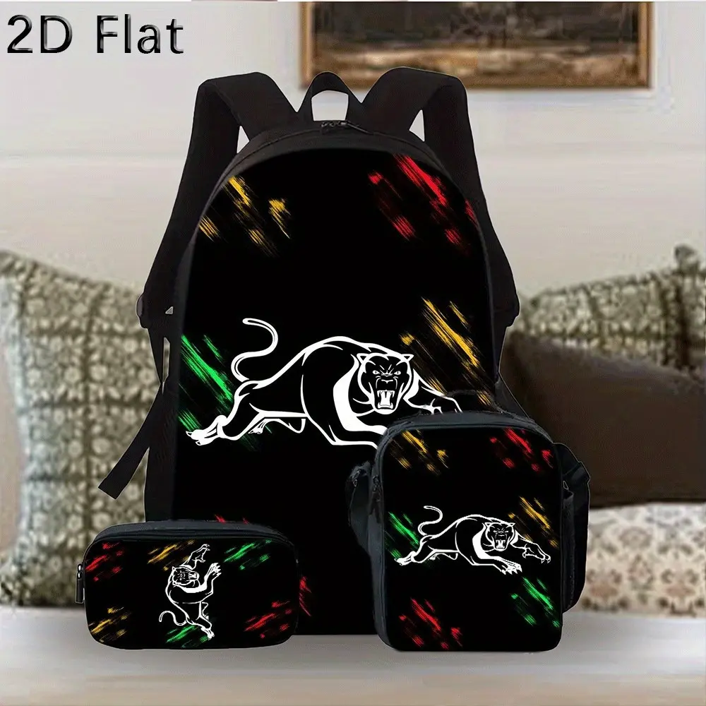 Reggae Panther 3-Piece Backpack Set, Black & Rasta Print School Bag + Lunch Bag + Pencil Case, Oxford Cloth Adjustable Strap Daypack for Fans & Kids
