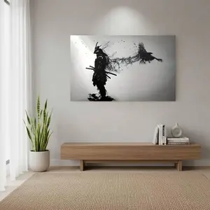 Framed 1pc Wooden Framed Black and white samurai Canvas , Ready to Hang,   High-Quality Wall Picture Art Prints Poster Wall Decor for Bedroom Bathroom Living room, New Year Halloween Christmas Xmas Birthday Festival Gifts