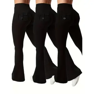 Women’s 3-Piece Cargo-Style Flared Pants Set – High Waist, Quick-Dry, Tummy Control, Hip-Lifting Fabric, Solid Color