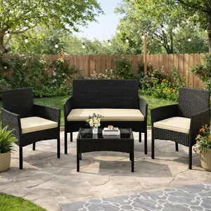 Yaheetech 4-Piece/3-Piece Patio Furniture Set Hand-Woven PE Rattan Conversation Set with Soft Cushions & Tempered Glass Table for Backyard Garden Poolside