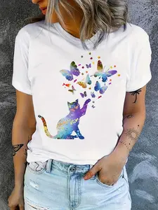 Women's Casual Short Sleeve T-Shirt - Rainbow Butterfly & Cat Geometric Print, Relaxed Fit, Breathable Summer Fabric, Machine Washable, Everyday Apparel, Playful Design, Medium Stretch Fabric