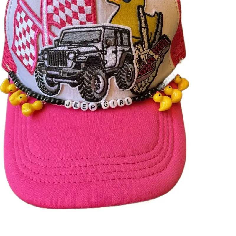 Jeep Girl Pink Hat with Checkered Pattern and Yellow Beads