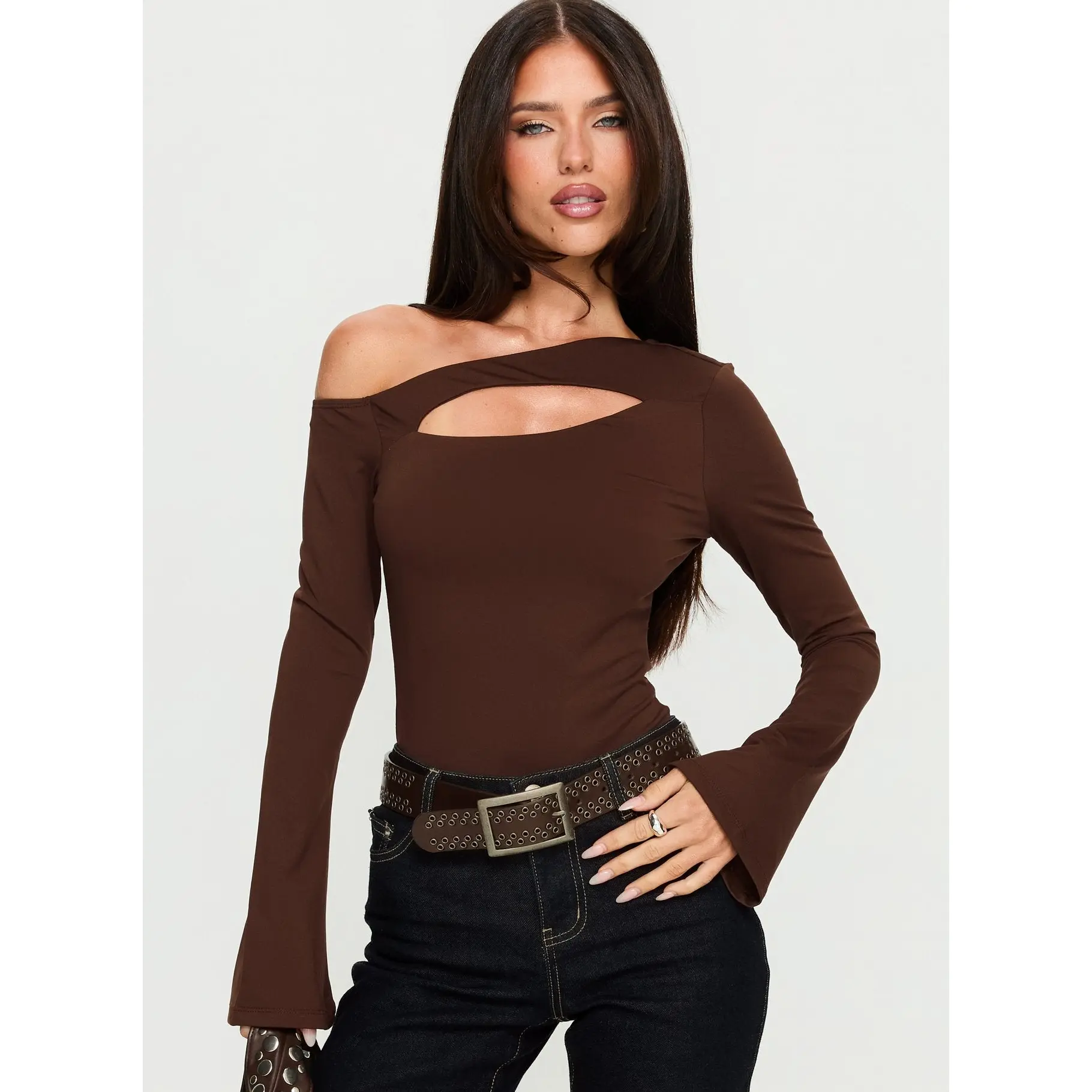 Raissa Cut Out One Shoulder Bodysuit Brown