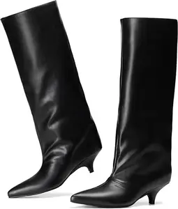 Vivianly Women's Wide Calf Knee-High Western Boots, Black PU Leather with Overlapping Fold-Over Design, Pointed Toe Kitten Heel, Elegant Comfortable Footwear for Dress & Daily Fall Winter Use, Western Boot