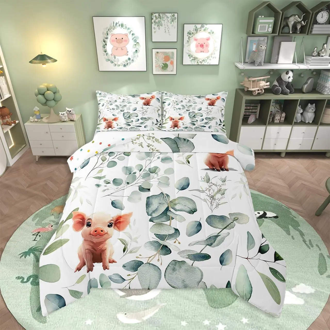 Kawaii Pig Comforter Set for Boys Girls Cartoon Animal Bedding Set,Eucalyptus Leaves Down Comforter Farm Wildlife Bed Set,Tropical Botanical Plants Quilted Duvet
