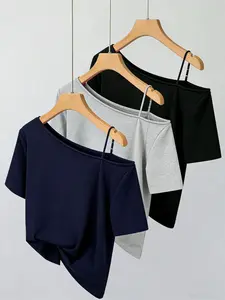 Women's Summer Multifunctional One-Shoulder Loose Short Sleeve Simple Plain Casual Womenswear T-Shirt Set, Irregular Shoulder Top, Perfect for Dates and Travel