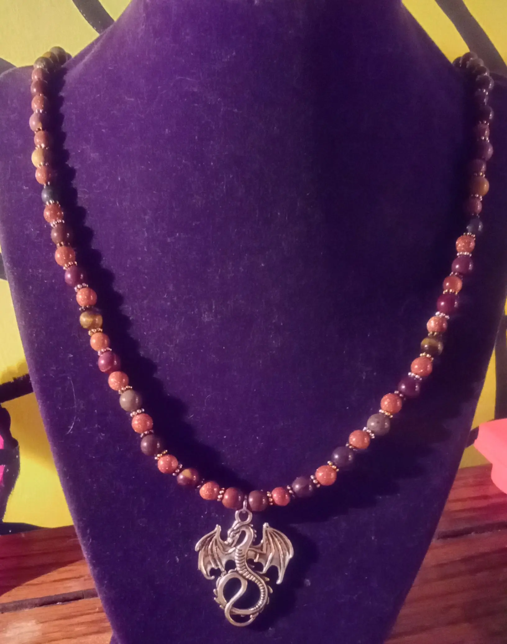 Mookaite and Golden Sandstone Dragon Necklace with Pewter Decoration and Lobster Claw Clasp