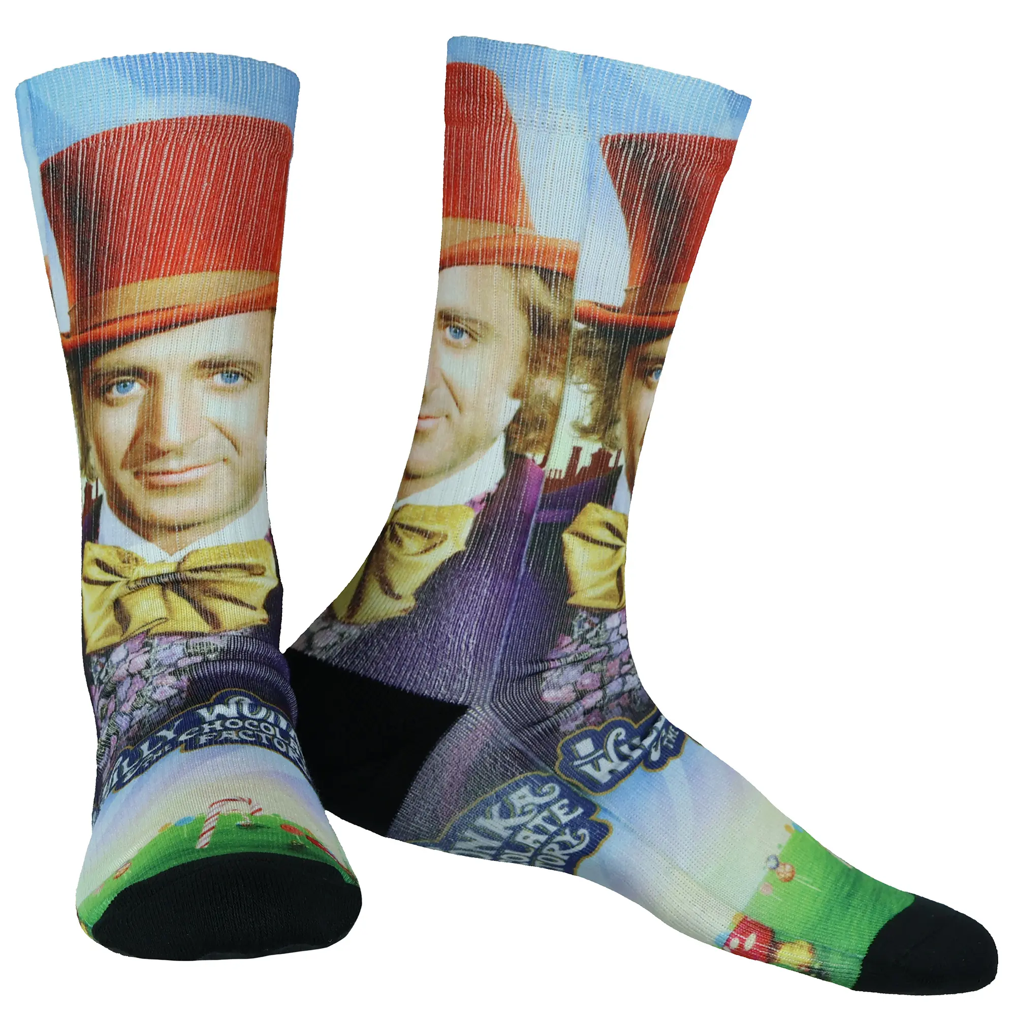 Willy Wonka Socks Men's The Chocolate Factory Sublimated Crew Sock Fits Shoe Size 8-12, Polyester, Menswear, Apparel, Stretch, Stretchy