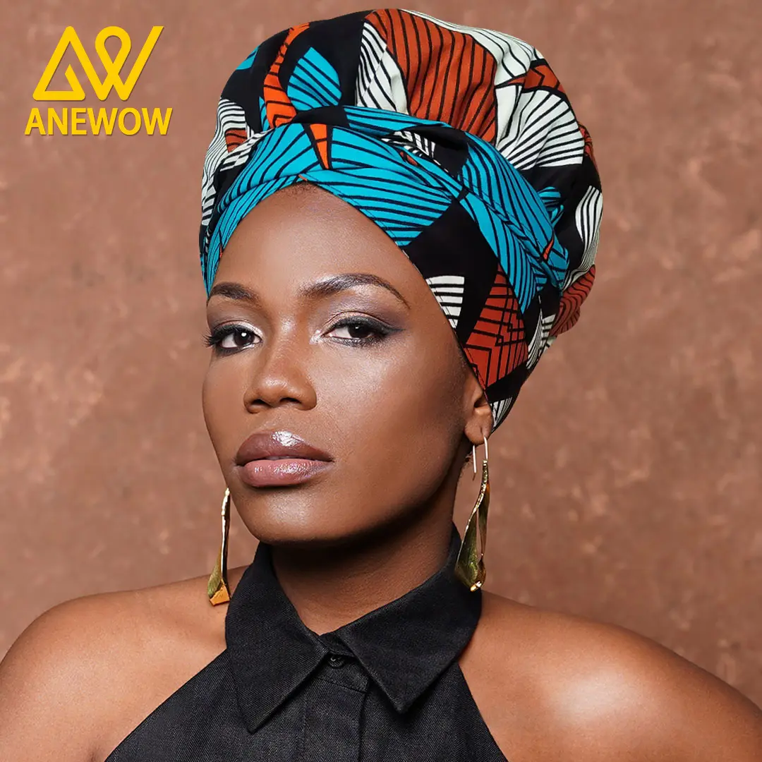 ANEWOW Orange Red Paisley Ankara Polyester Turban Headwrap, Satin-Lined Fashion Apparel for Clothes Accessories