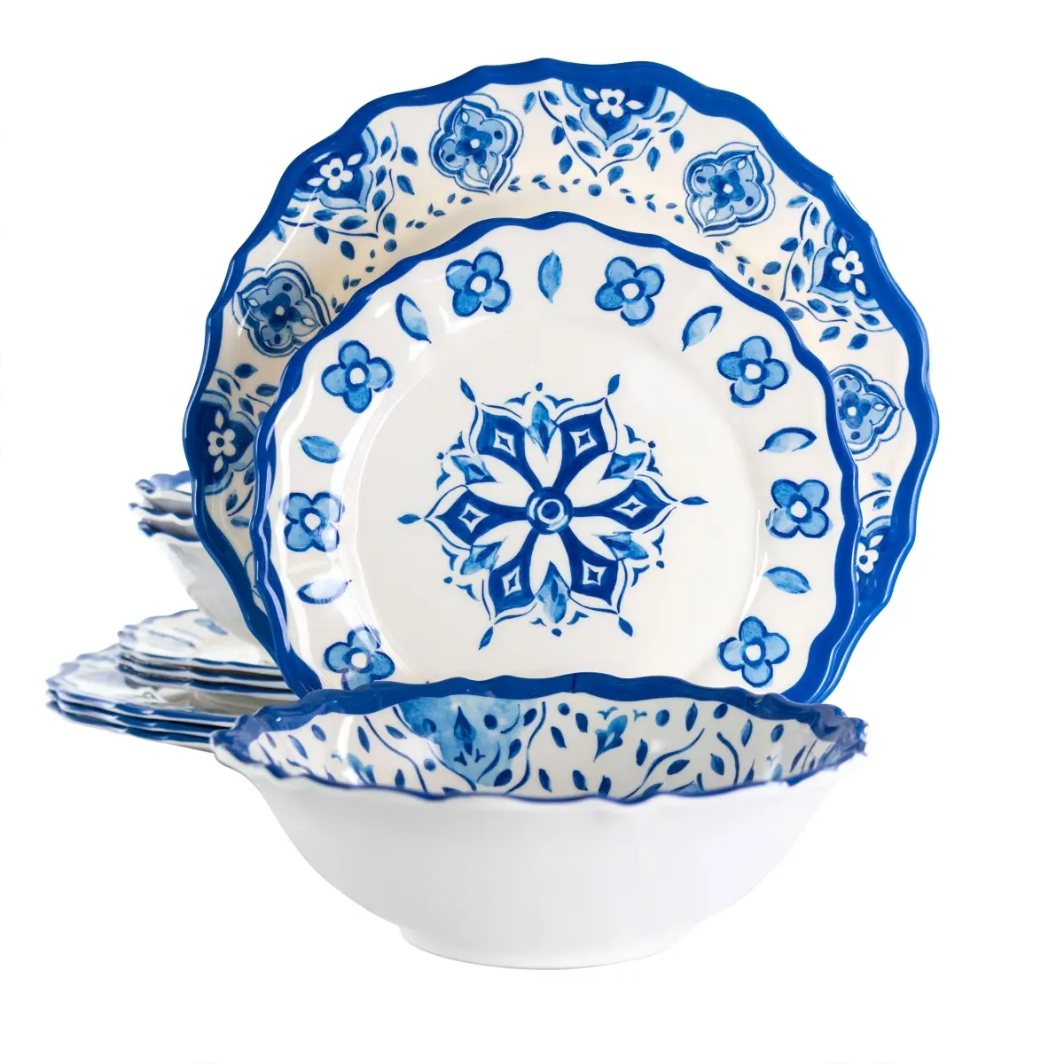 12 Piece Blue Garden Scalloped Lightweight Melamine Dinnerware Set, Blue