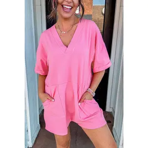 Bonbon Loose Half Sleeve V Neck Plain Romper