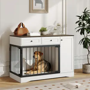 Garvee 47" Heavy Duty Dog Crate Furniture with Pull-Out Tray, Farmhouse White Wooden Dog Kennel End Table for Large Dogs, Furniture Style Pet Cage & TV Stand with Double Doors, Chew-Resistant Indoor Dog House for Living Room, 47 Inch, Modern