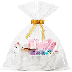 Free shipping/3p Small Woven Basket with Gift Bags and Ribbons, Empty Decorative Gift Chest Box, Cute Baby Gift Basket for Nursery, Cotton Rope Room Shelf Storage Basket with Handles, 12"x 8"x 5",White