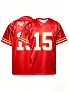 Kansas City Mahomes 15 Red V‑Neck Football Jersey, Breathable Quick Dry Sports Tee with Gold‑White Striped Cuffs & Bold "MAHOMES 15" Print, Classic Oversized Casual Fit for Fans Football Supporters, Sports Collectors & Streetwear Enthusiasts