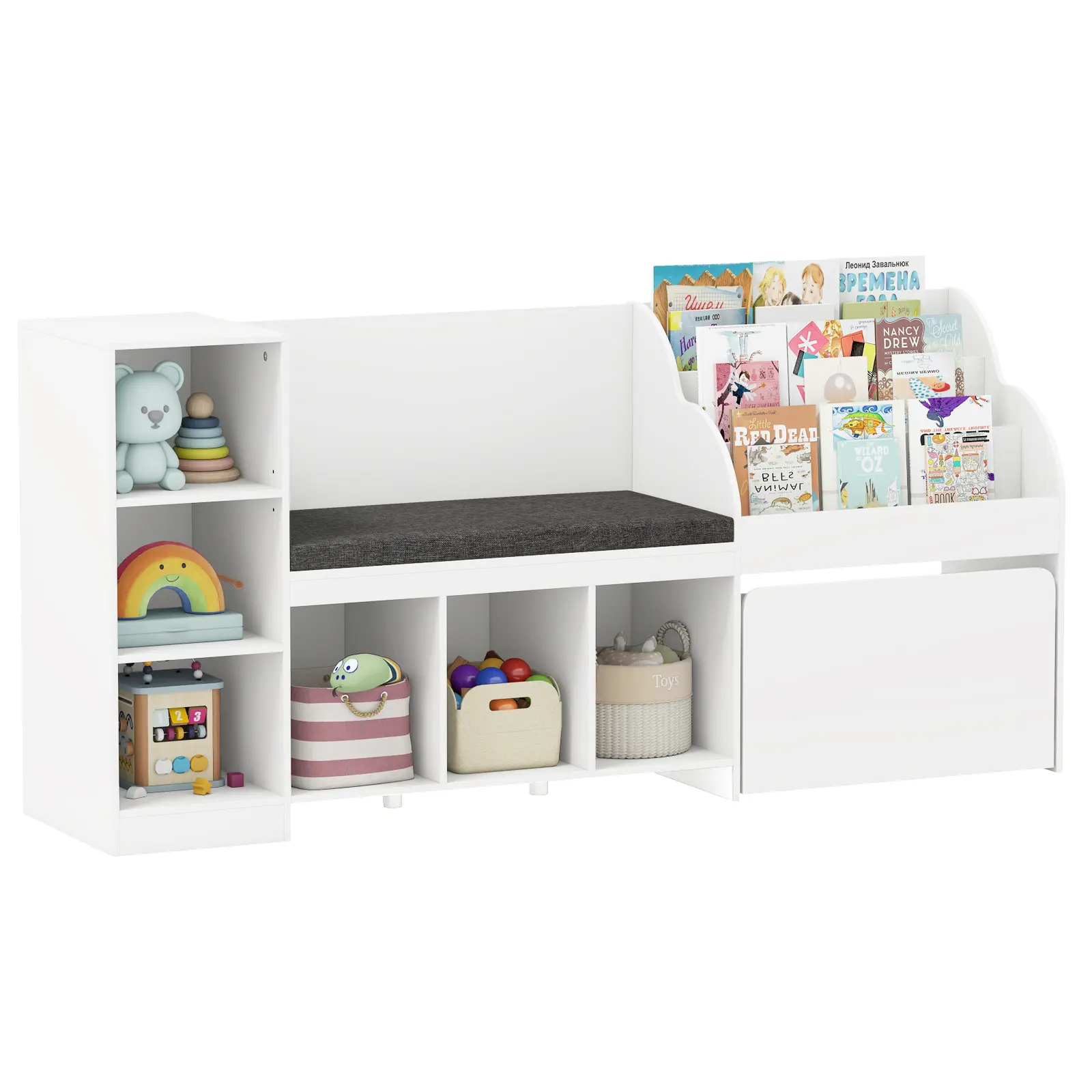 COSTWAY - Kids Bookcase with Reading Nook 4-in-1 Standing Toy Organizer-White COSTWAY - Kids Bookcase with Reading Nook 4-in-1 Standing Toy Organizer-White