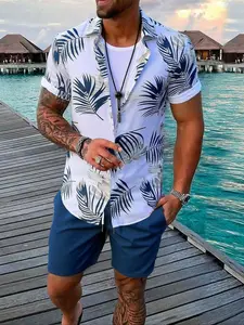 Rsrt Men's Tropical Print Shirt & Shorts Set, Beach Casual Matching Set Summer Fashion, Comfortable Lightweight Fabric, Short Sleeve Fitted Design, Clothes