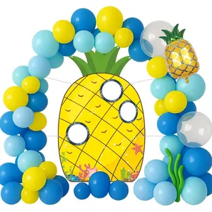 136 count Yellow Cartoon Party Decorations with Pineapple House Photo Booth Backdrop, Yellow Blue Clear Balloon Arch Kit,  Sea Photo Prop for Boys Girls Birthday Party,  Shower Supplies Favors