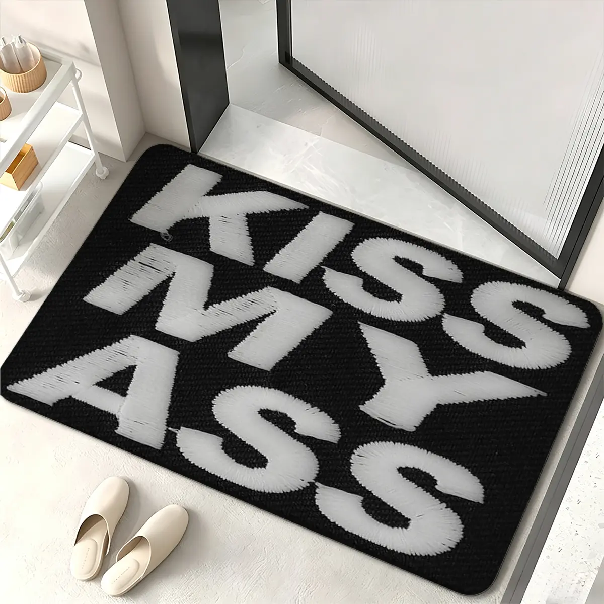 KISS MY ASS Flannel Door Mat 16×24in, Funny Black White Welcome Rug, Soft Non-Slip Entryway Floor Mat for Front Door, Bathroom, Kitchen, Bedroom & Apartment Decor