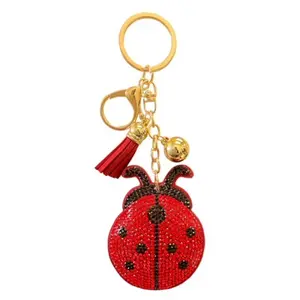 Ladybug Rhinestone Tassel Keychain, Sparkling Red Design with Gold Accents, Storage Organization Accessory for Everyday Essentials