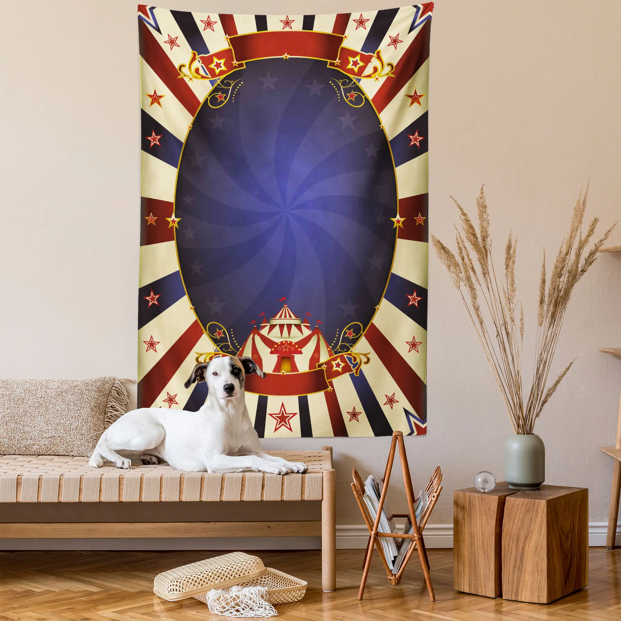 Vintage Tapestry, Circus Theme Retro Carnival Tent Ribbon Poster Like Image Illustration, Wall Hanging for Bedroom Living Room Dorm Decor, 40" X 60", Pale Yellow Navy Blue