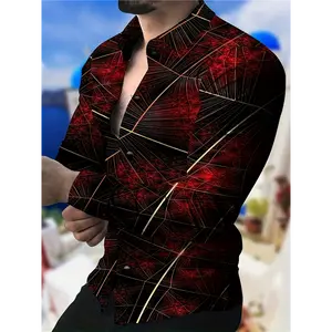Men'S Trendy Hawaiian Long Sleeve Lapel Collar Graphic Shirt With Stylish Stripe Print For Summer Vacation And Casual Wear