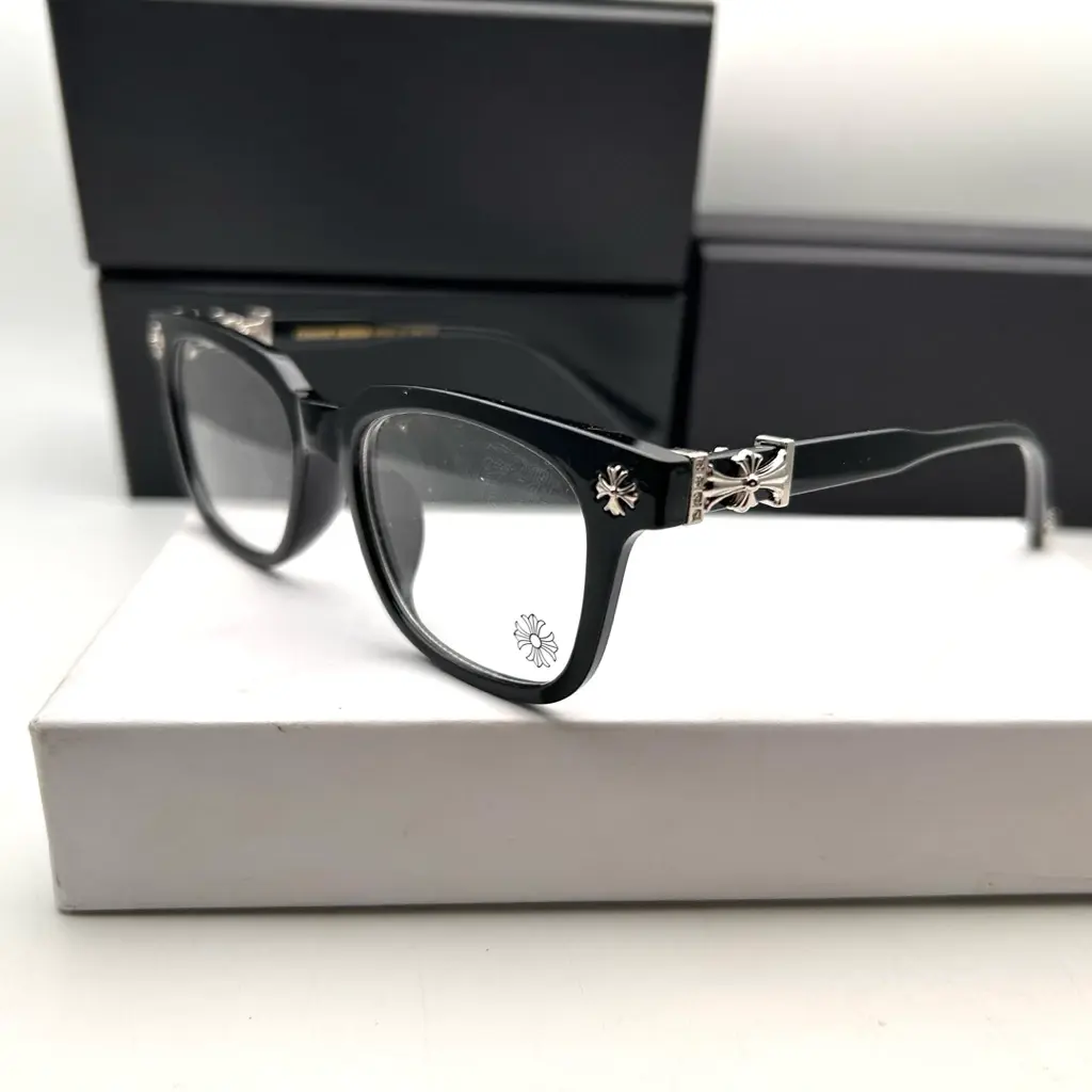Chrome Hearts Black Optical Eyeglasses Square Acetate Frame Silver Cross Detail Unisex Eyewear