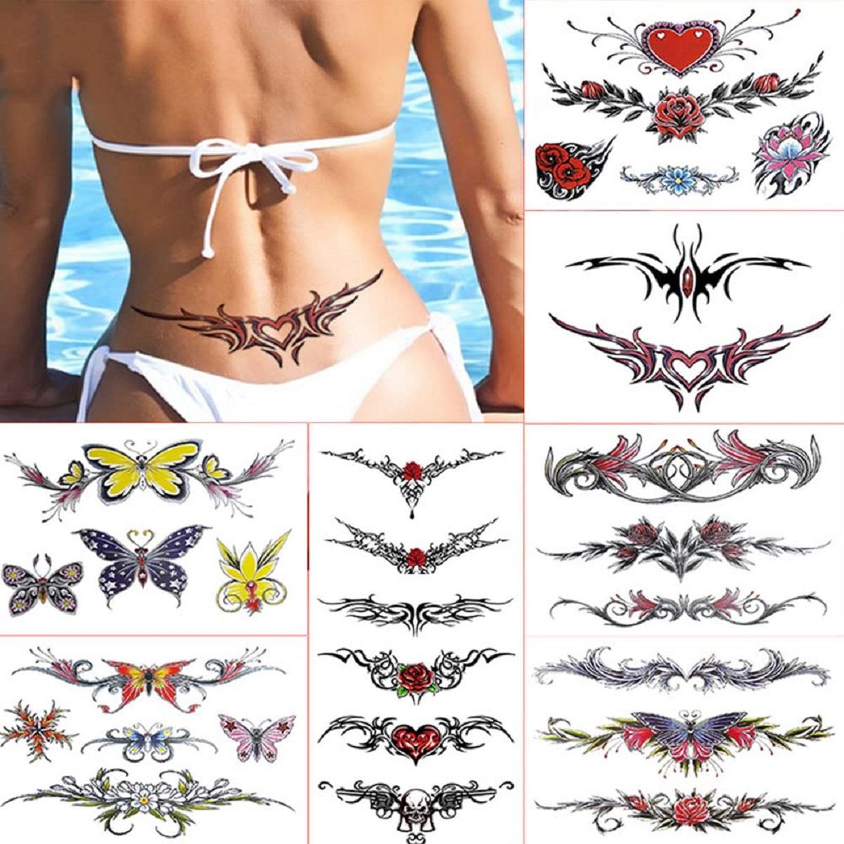 Rechal 8 Sheets Belly Tattoos Stickers Temporary Fun Waist Cover Scar Female Tattoo Waterproof for Female Women and Girls