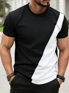 Men's Diagonal Color Block T-Shirt, Striped Patchwork Short Sleeve, American Vintage Casual Tee, Summer Breathable Cotton Top