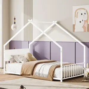 Kids House Bed Twin with LED Lights, Floor Bed Frame with Canopy, Low Profile Montessori Bed for Boys Girls, Sturdy Metal Slats No Box Spring