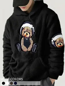 Men's Cartoon Bear Embroidery Pocket Soft Fuzzy Hoodie, Fitted Casual Long Sleeve Hooded Sweatshirt for Fall & Winter, Men's Clothes for Daily Wear