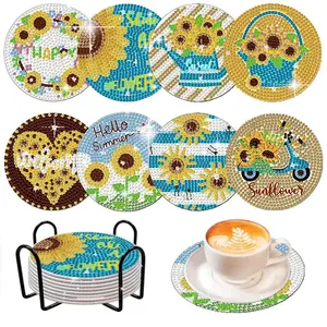 Sunflower Pattern DIY Diamond Arts Colorful Painting Coaster Kit, 8 Counts/set Diamond Painting Kits DIY Decorative Craft for Home Office Desk, Vanity Decor Accessories