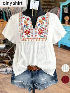 Women's Bohemian Ethnic Blouse Shirt, Mexican Folklore & Vacation Casual Style, Lightweight Breathable Fabric, Summer Wear