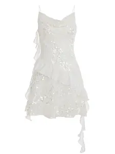 Ladies Sexy Sequin Spaghetti Strap V-neck Ruffled Tiered Asymmetrical Hem Bodycon Mini Dress, Sparkly Slim-fitting Club Party Date Dress, Women Summer All Seasons Holiday Fashion Casual Formal Clothes