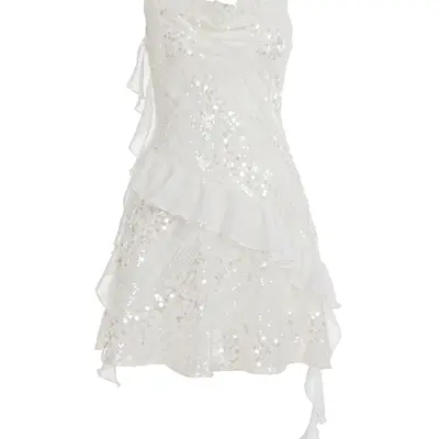 sparkly flowy mini dress Navy Sequined Slitted Sleeveless Asymmetrical Neckline Full-Length She –  Solo Stylez main image 1