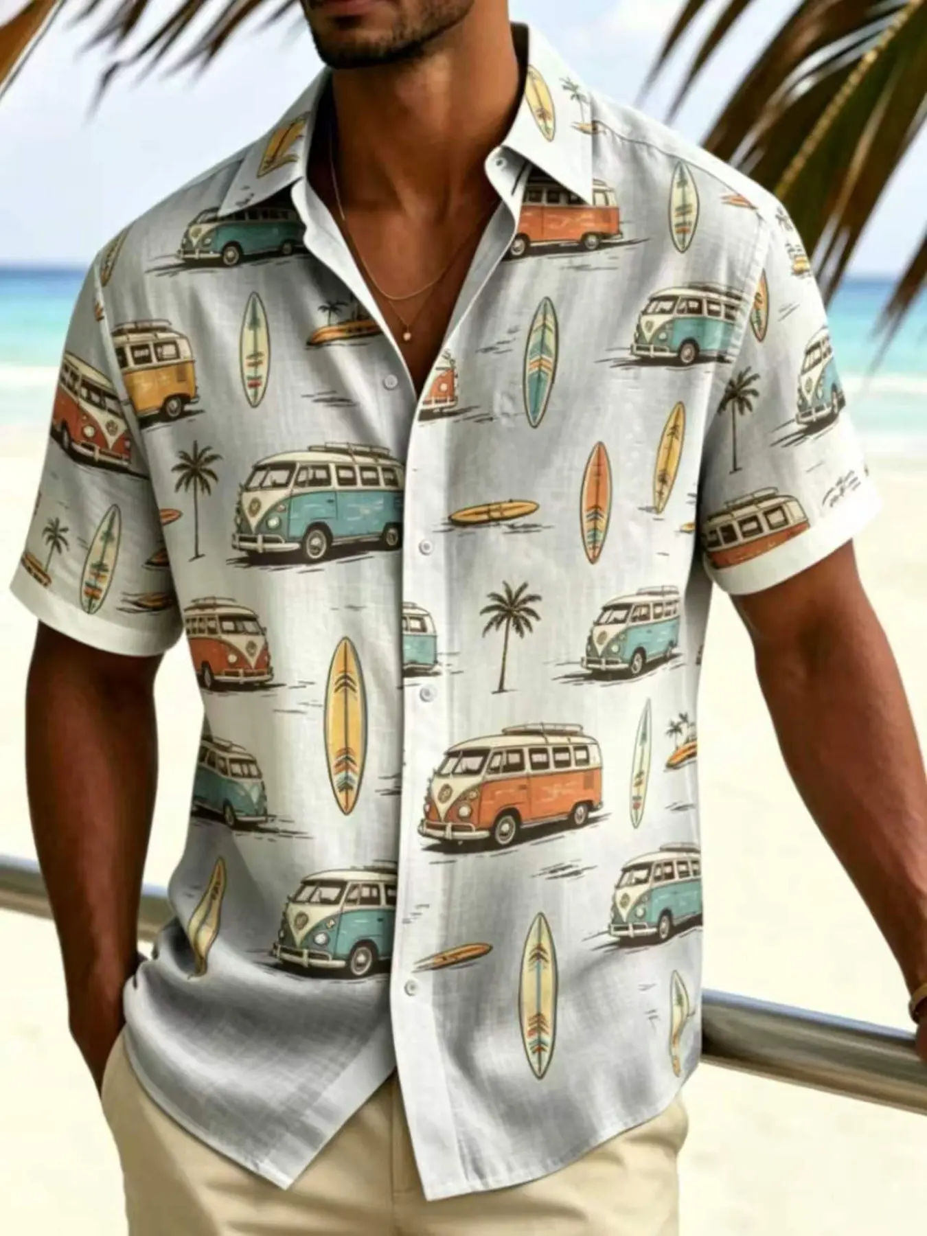 Men's Vintage Surf Bus Print Short Sleeve Hawaiian Shirt, Casual Holiday Style, Tropical Pattern, Slim-Fitting, Summer Open Front Top