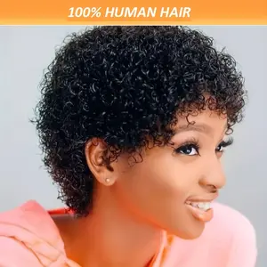 Fashion New Hot Afro Kinky Curly Wave Wig Short Pixie Cut Wig with Bangs Fluffy Jerry Curly Wigs for Women Glueless Human Hair Wig Beginner Friendly Trendy Curly Wig Ready to Go No Lace Wig