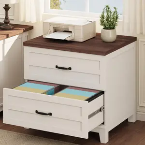 Garvee Lateral File Cabinet with Two Deep Drawers, Farmhouse Style Large Wooden Filing Storage Cabinet with Hanging for Legal, Letter, A4 Sizes, Thick Tabletop, Sturdy Frame, White & Retro Brown for Home Office