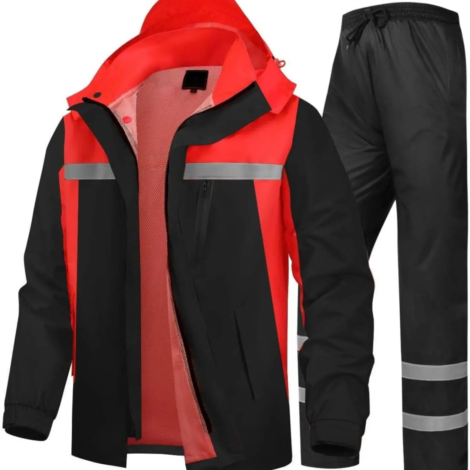 2 Piece Reflective Rain Suit Polyester Rain Jacket and Pants Set Adjustable Hood Mesh Lined Waterproof Rain Gear for Men Women Motorcycle Work Outdoor