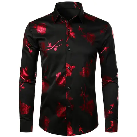 ZEROYAA Men's Slim Fit 3D Metallic Rose Floral Printed Long-Sleeve Button-Down Dress Shirt - Hip Hop, Party, Casual Fitted Fabric Top, Mens Fashion, Perfect Gift for Boyfriend, Black, Pink