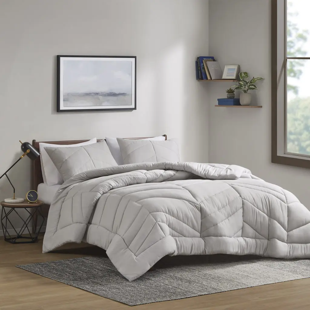 360 Stand ID10-2298 Microfiber Comfy Bedding Set - Twin/Twin Extra Large, 68x90x1 in Remy Chevron Quilted Duvet Set, Soft Gray Smart Bedding Decor