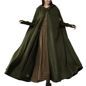 Women’s long hooded wool cape, solid color retro cape, black/gray/blue/dark green GARMENTARY