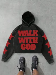 Vintage "Walk With God" Boxy Cropped Hoodie - Red Star Graphic Print Sleeve Streetwear Pullover, Retro Christian Aesthetic Casual Sweatshirt for Men & Women, Urban Faith-Based Outfit