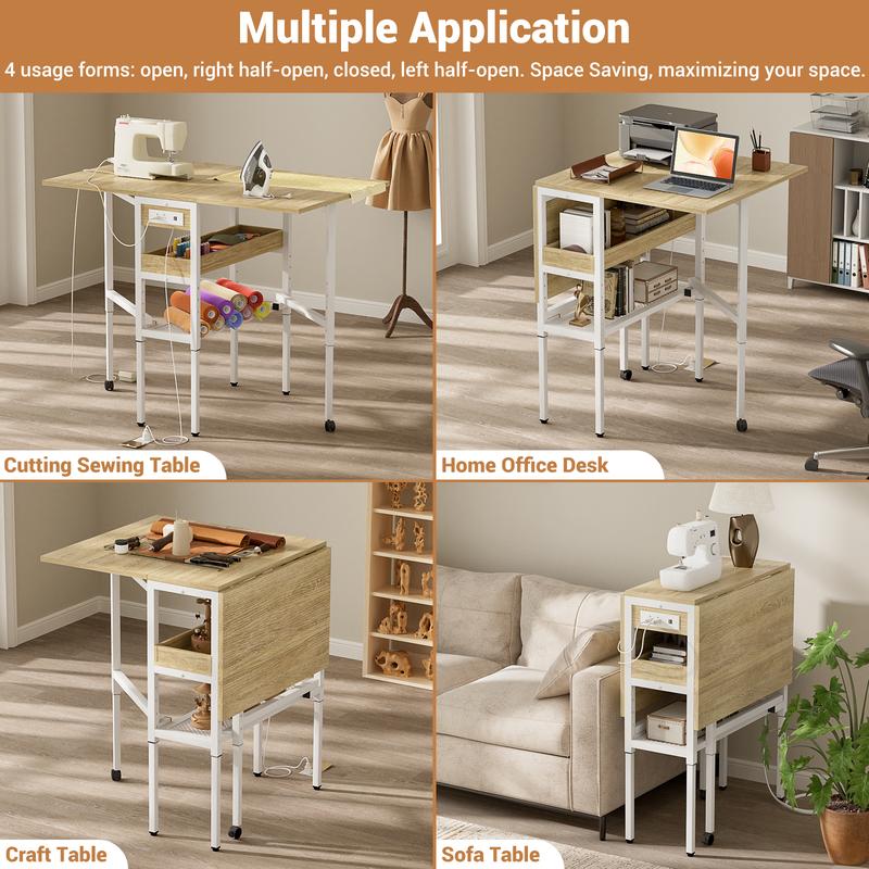Height Adjustable Folding Sewing Cutting Table with Charging Station 50 Inch Storage Craft Table for Sewing Room & Craft Room