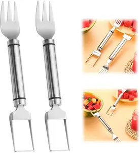 【1/2 Pack】Watermelon Fork Slicer Cutter Slicer Tool, 2-in-1 Stainless Steel Fruit Cutter, Dual Head Fruit Forks Slicer Knife with Round Handle,Fruit Cutting Kitchen Utensils,Portable Modern kitchen tool