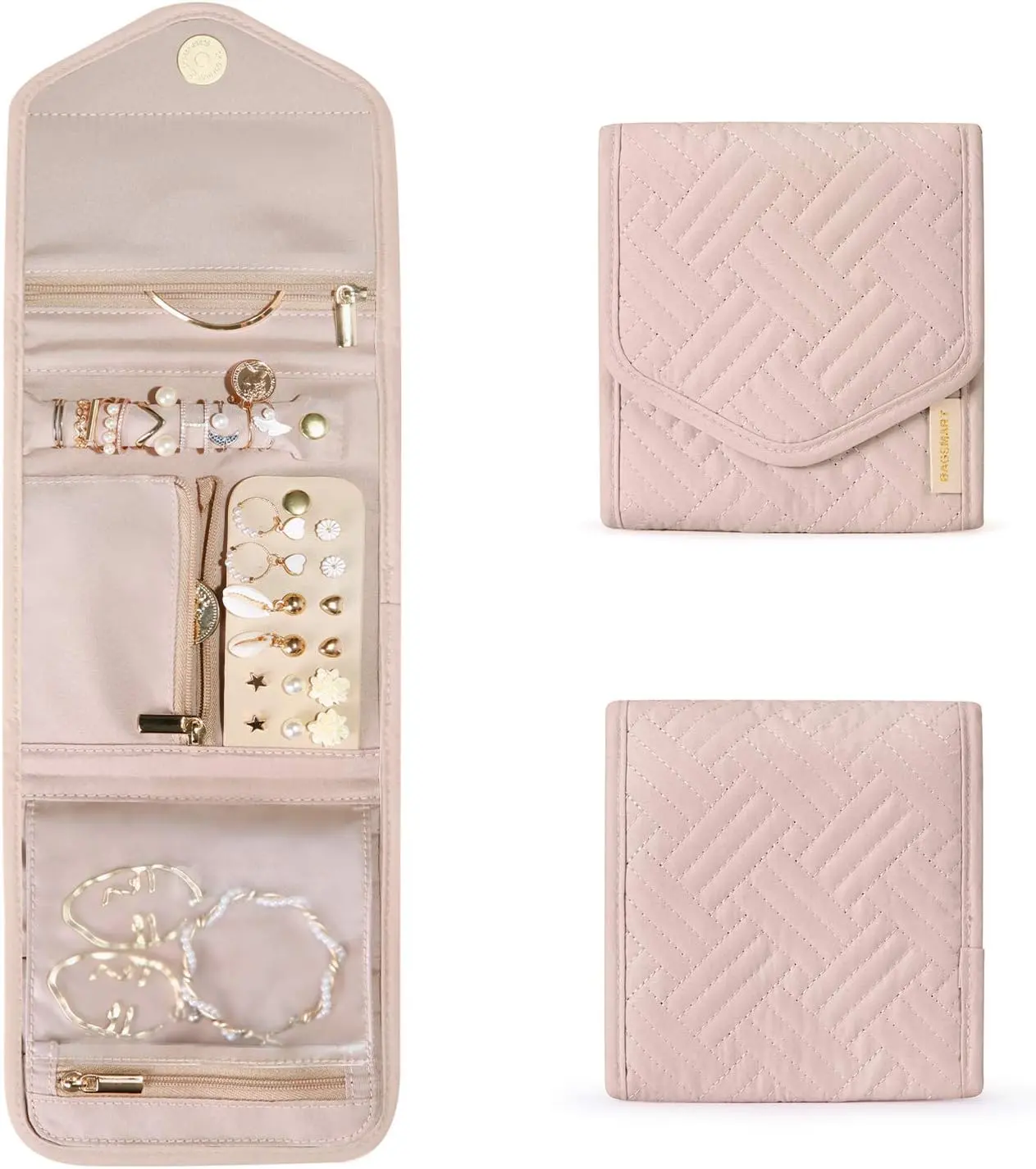 BAGSMART Quilted Lightweight Compact Cotton Travel Jewelry Organizer Case - Soft Pink Polyester, Foldable, Water Resistant, Zip Pocket, Buckle, Stores Rings Necklaces Earrings Bracelets, Gift for Mom Friends, Beauty on the Go