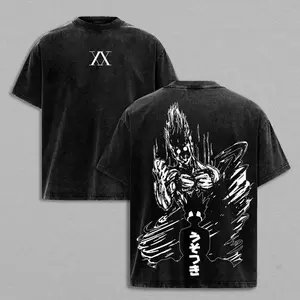 Vintage Washed Hunter x Hunter Gon Freecss Transformation Double Sided T-Shirt, Oversized Retro Distressed Anime Graphic Tee, Harajuku Streetwear Y2K Aesthetic, 100% Cotton Casual Short Sleeve Top, Japanese Manga Rage Mode Print Summer Outfit for Men Wom