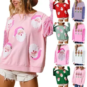 Women Sequin Christmas Sweatshirt Funny Santa Nutcracker Holiday Shirts Loose Crew Neck Long Sleeve Oversized Pullover Sweater Girls Cute Jacket Coat Autumn Winter Top Outwear Xmas Gifts