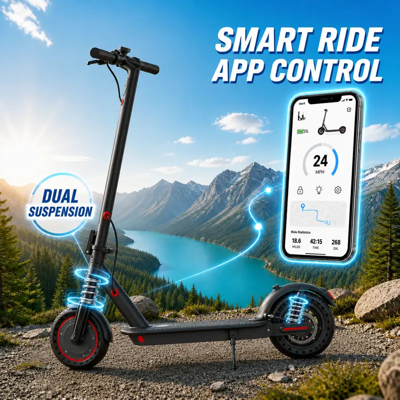 Unisex 2026 Foldable Electric Road Scooter for Adults - Lithium Battery, Seat, Storage Bag, 16-22 mph Max, 12-50 mi Range, 8.5"/10"/14" Gravel Ready All-Terrain Tires, Dual Suspension & Brakes, App Control, Compact Lightweight Portable Scooters