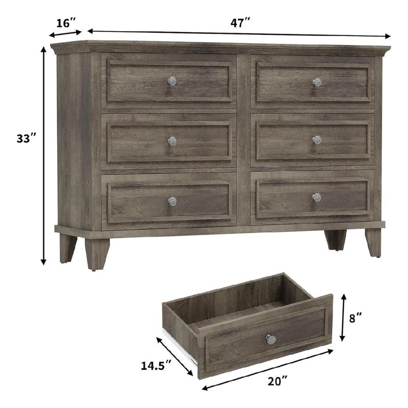 Farmhouse Dresser for Bedroom with 6 Drawer Double Dresser TV Stand with Vintage Handle Wide Wood Dressers Chests of Drawers 6 Drawer Dressers for Bedroom Living Room Hallway-Grey