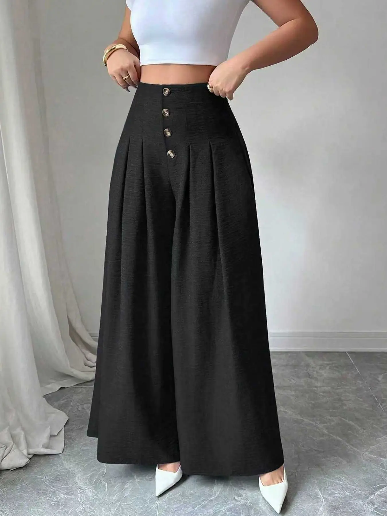Women's Fashion Wide Leg Solid Pants with Front Buckle, Casual Loose Pants, Casual Travel Slacks, Stylish Casual Trousers for Daily Wear, Comfortable and Trendy Design, Casual Chic Bottoms, Womenswear
